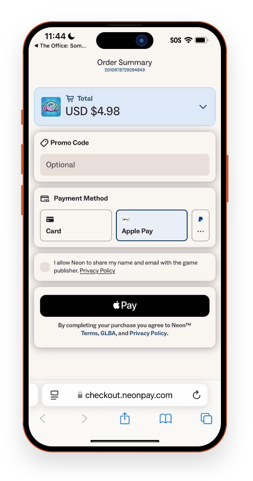 The Office: Somehow We Manage in-game offer showing the Neon Direct Checkout button alongside the IAP button