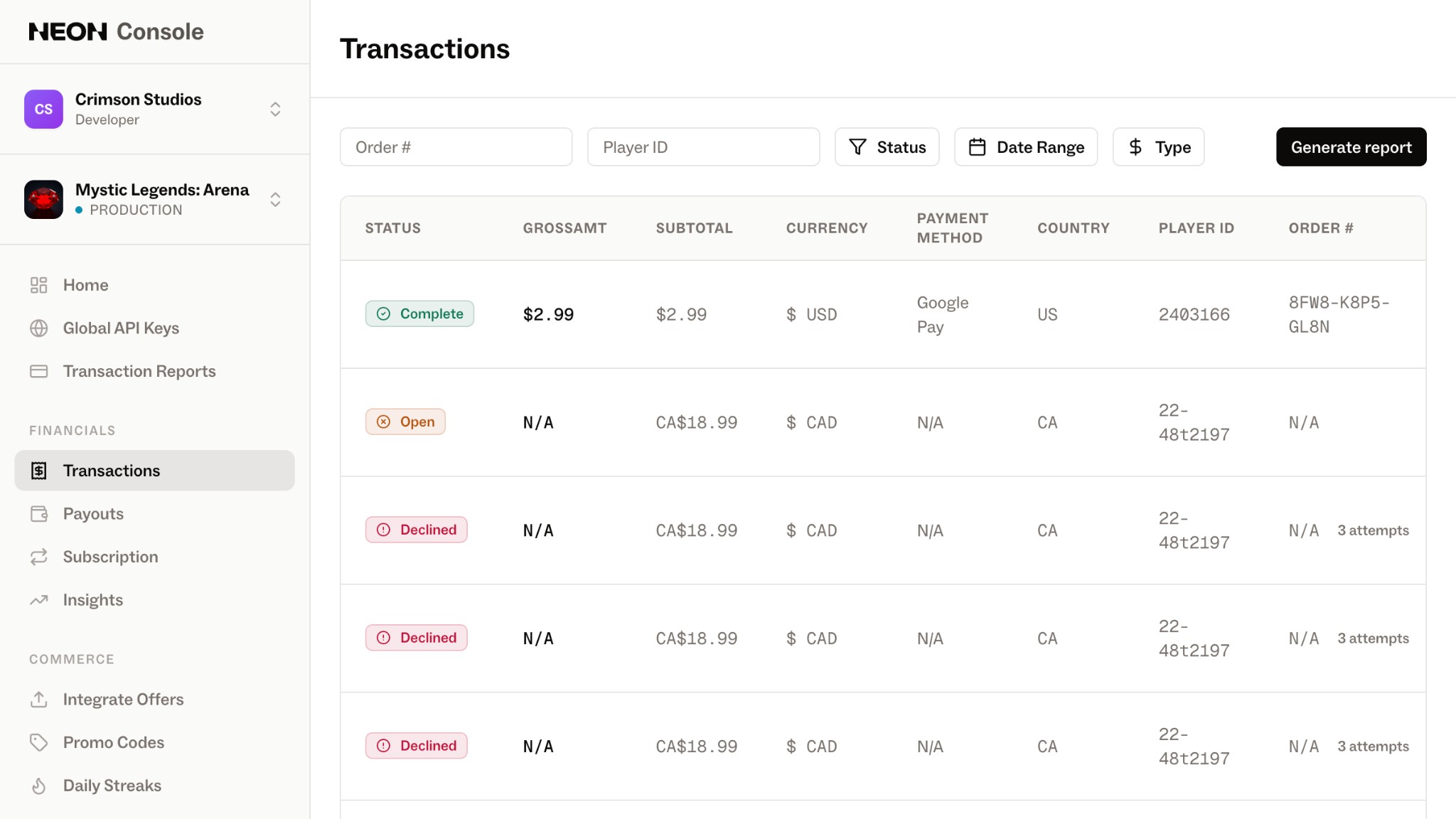 Neon Console - Transactions report view